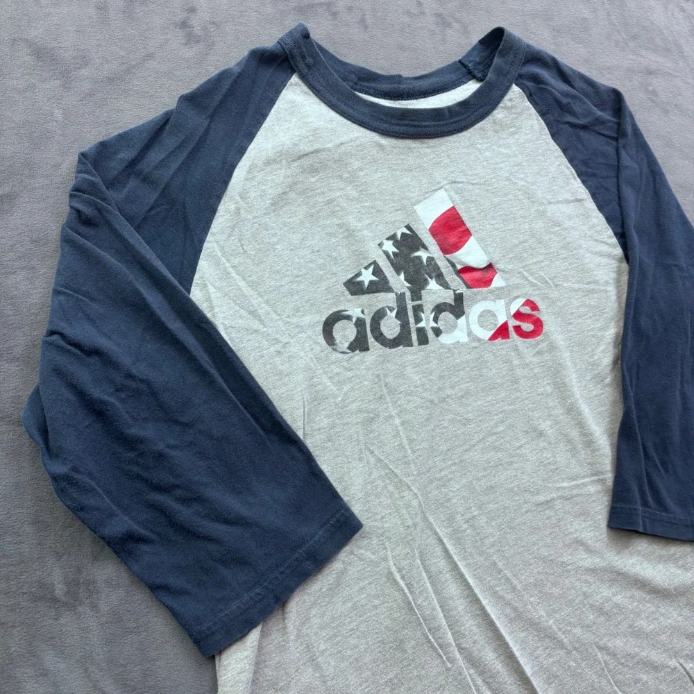 Adidas Mens Small Gray Blue American Flag Logo 3/4 Sleeve Raglan Baseball Tee
